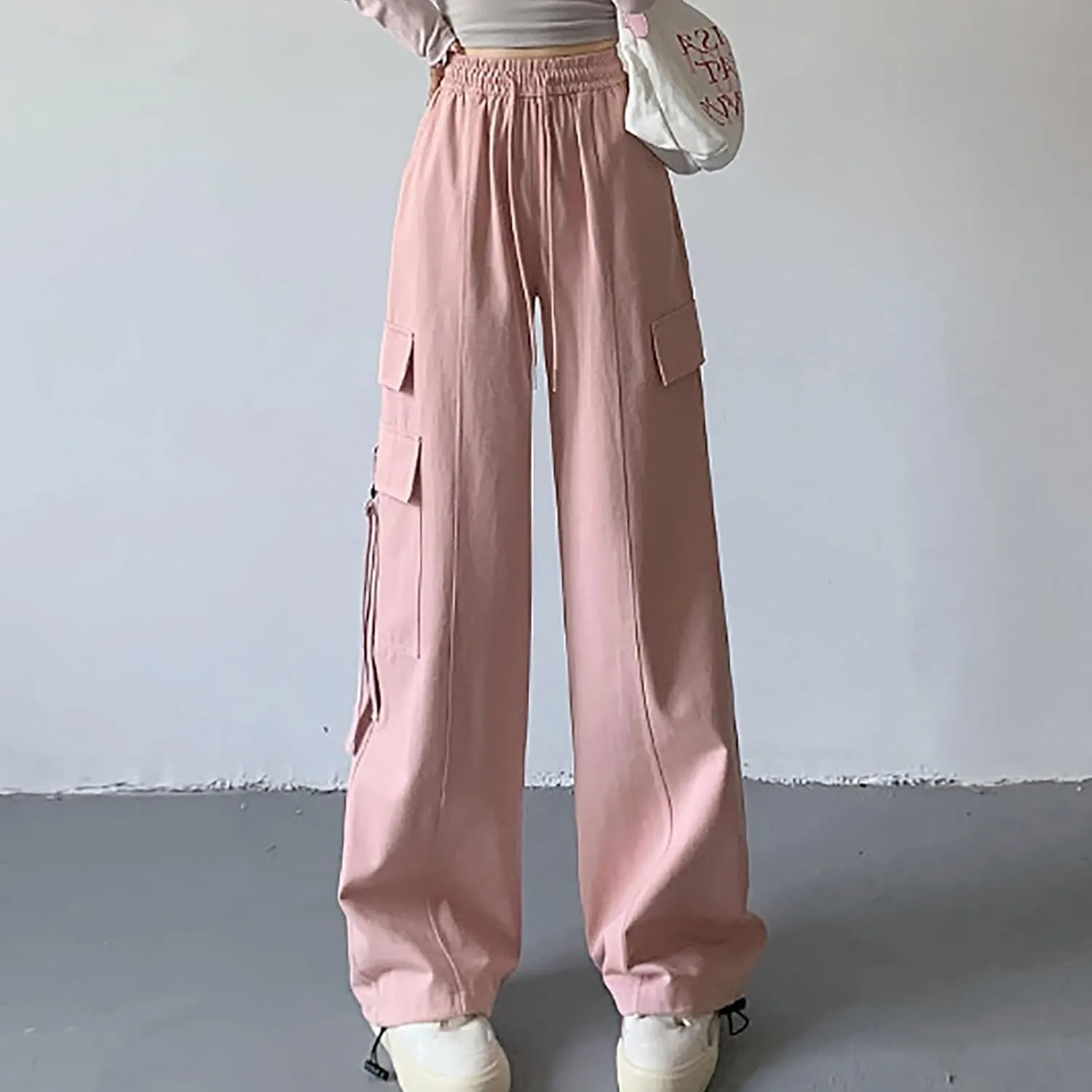 Womens Straight Leg Pants Stirrup Multi Pockets Drawstring Lounge Pants High Waisted Outside Fashion Cargo Wide Pants
