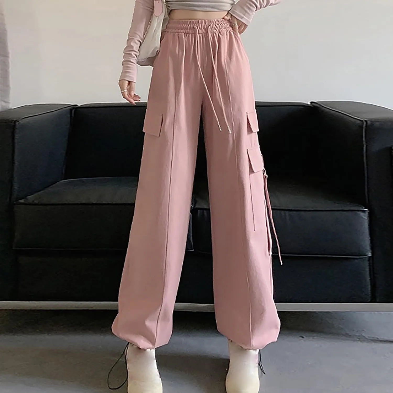 Womens Straight Leg Pants Stirrup Multi Pockets Drawstring Lounge Pants High Waisted Outside Fashion Cargo Wide Pants