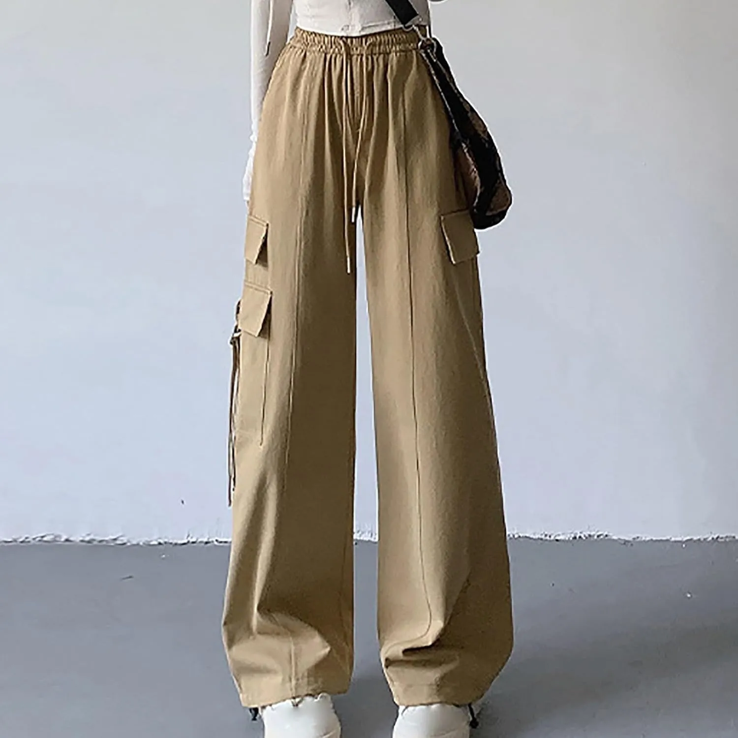Womens Straight Leg Pants Stirrup Multi Pockets Drawstring Lounge Pants High Waisted Outside Fashion Cargo Wide Pants