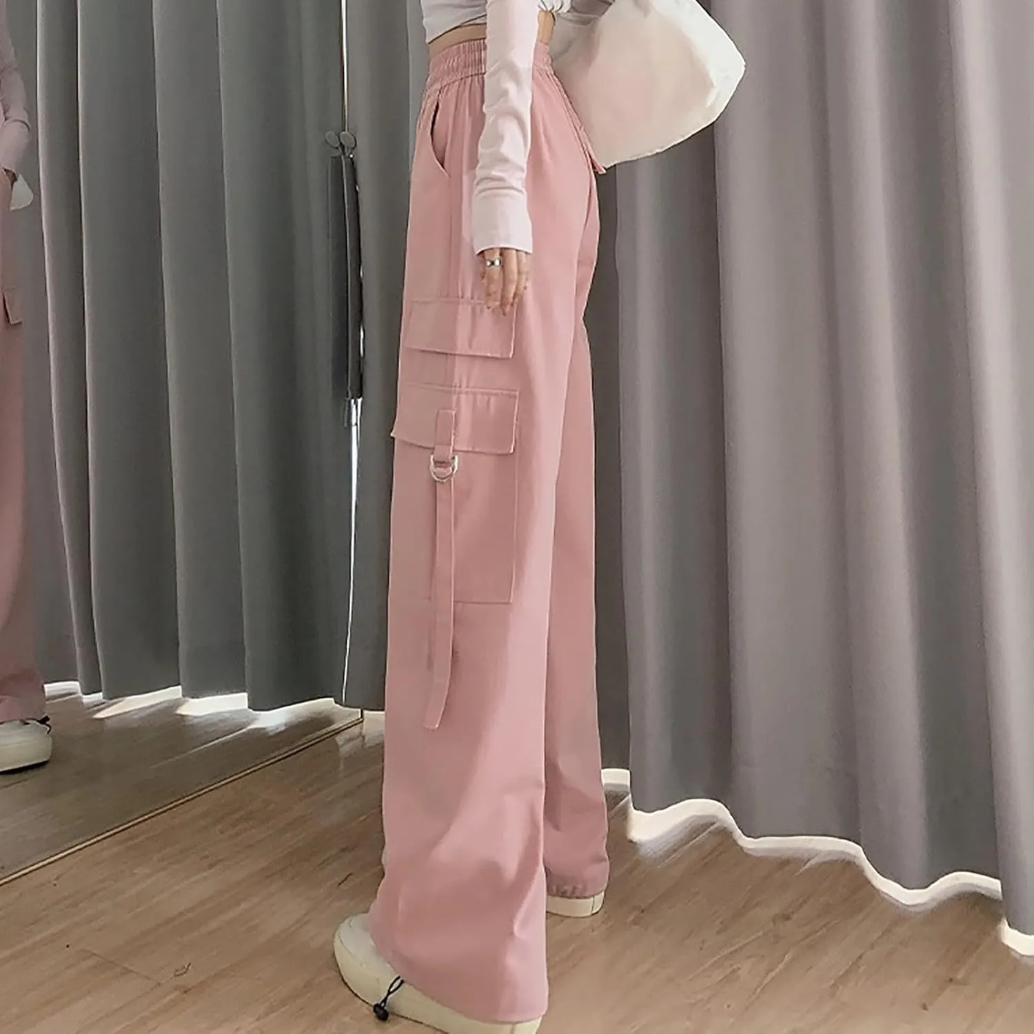 Womens Straight Leg Pants Stirrup Multi Pockets Drawstring Lounge Pants High Waisted Outside Fashion Cargo Wide Pants