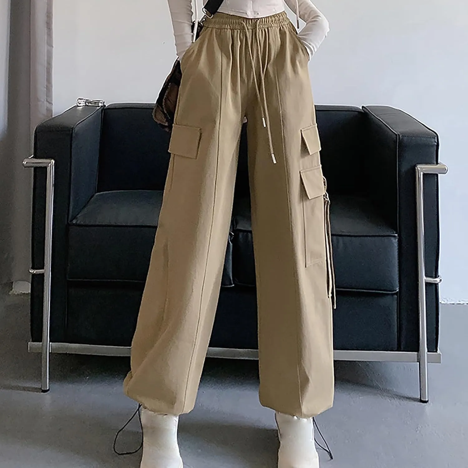 Womens Straight Leg Pants Stirrup Multi Pockets Drawstring Lounge Pants High Waisted Outside Fashion Cargo Wide Pants