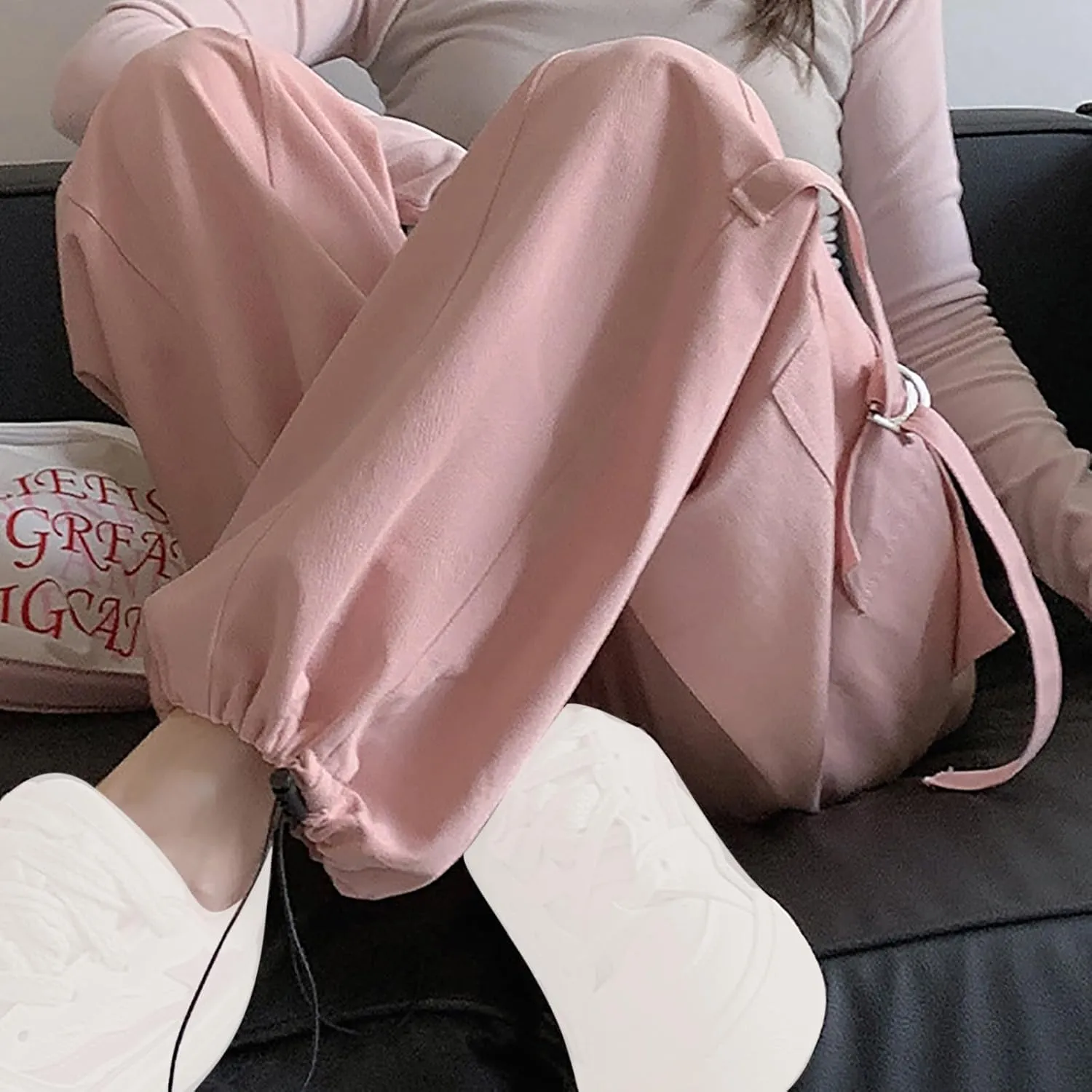 Womens Straight Leg Pants Stirrup Multi Pockets Drawstring Lounge Pants High Waisted Outside Fashion Cargo Wide Pants