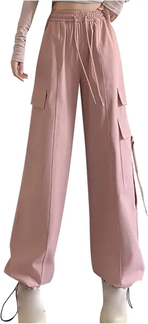 Womens Straight Leg Pants Stirrup Multi Pockets Drawstring Lounge Pants High Waisted Outside Fashion Cargo Wide Pants