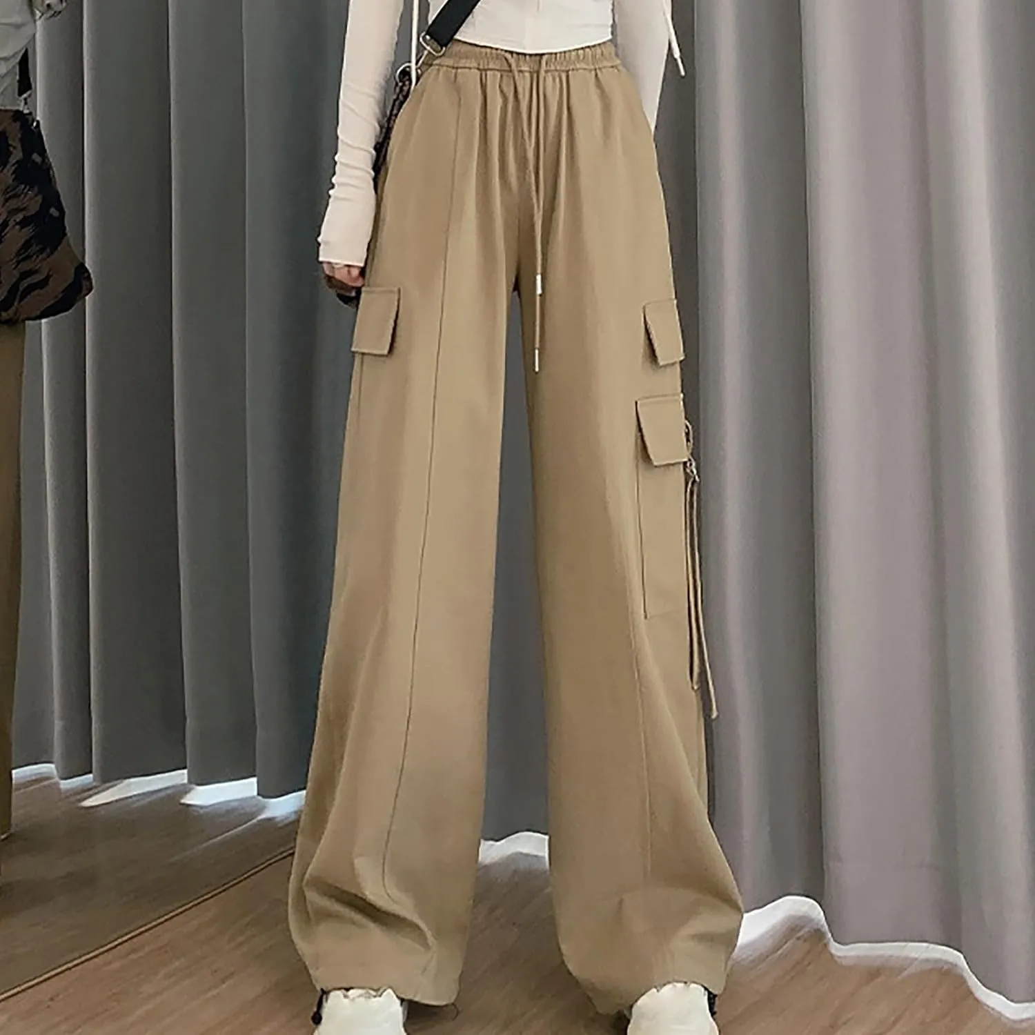 Womens Straight Leg Pants Stirrup Multi Pockets Drawstring Lounge Pants High Waisted Outside Fashion Cargo Wide Pants