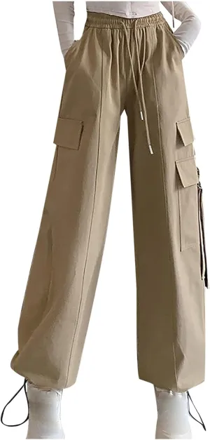 Womens Straight Leg Pants Stirrup Multi Pockets Drawstring Lounge Pants High Waisted Outside Fashion Cargo Wide Pants