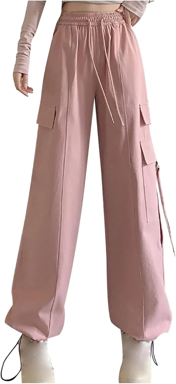 Womens Straight Leg Pants Stirrup Multi Pockets Drawstring Lounge Pants High Waisted Outside Fashion Cargo Wide Pants