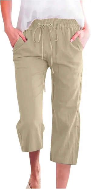 Womens Summer Capri Pants Casual Cotton Linen Tapered High Waist Drawstring Cinch Bottom Loose Trouser with Pockets
