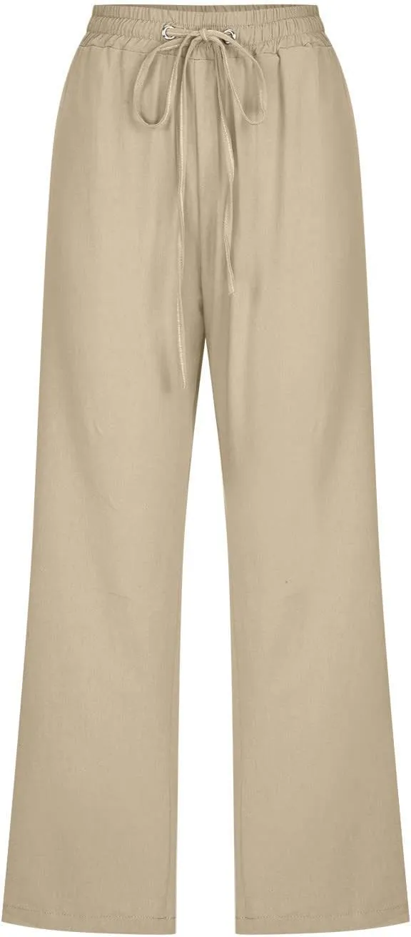 Womens Summer Capri Pants Casual Cotton Linen Tapered High Waist Drawstring Cinch Bottom Loose Trouser with Pockets