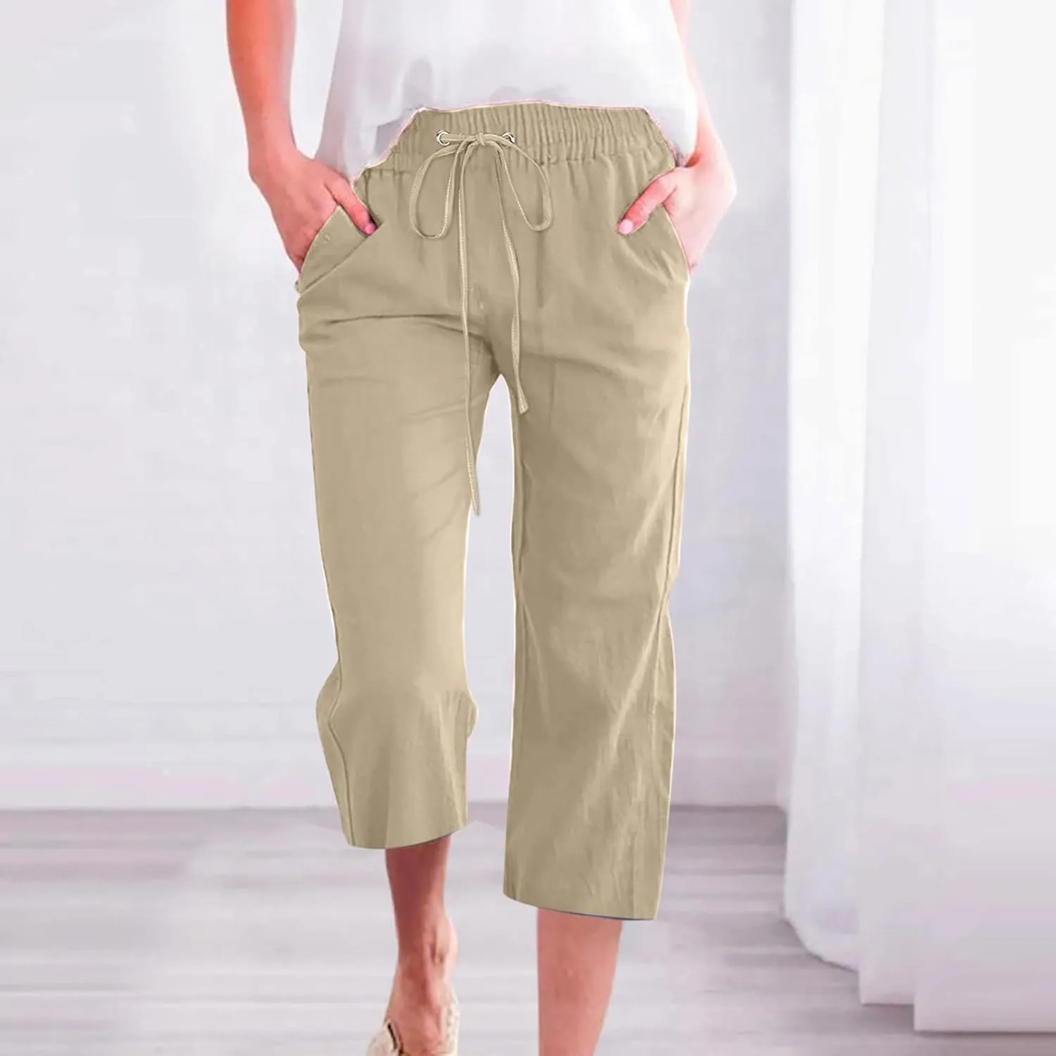 Womens Summer Capri Pants Casual Cotton Linen Tapered High Waist Drawstring Cinch Bottom Loose Trouser with Pockets