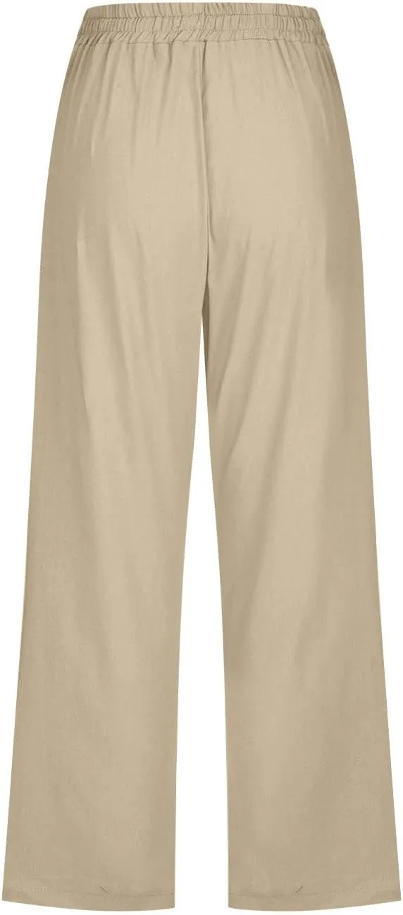Womens Summer Capri Pants Casual Cotton Linen Tapered High Waist Drawstring Cinch Bottom Loose Trouser with Pockets
