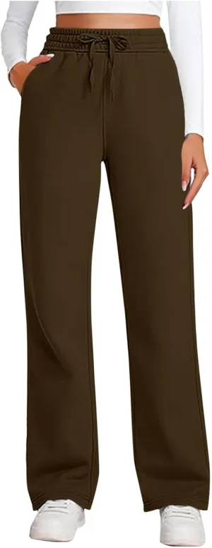 Womens Sweatpants Wide Leg Solid Color Casual Athletic Drawstring Baggy Jogger Straight Leg Trendy Pants with Pocket