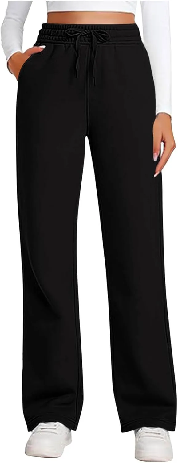 Womens Sweatpants Wide Leg Solid Color Casual Athletic Drawstring Baggy Jogger Straight Leg Trendy Pants with Pocket