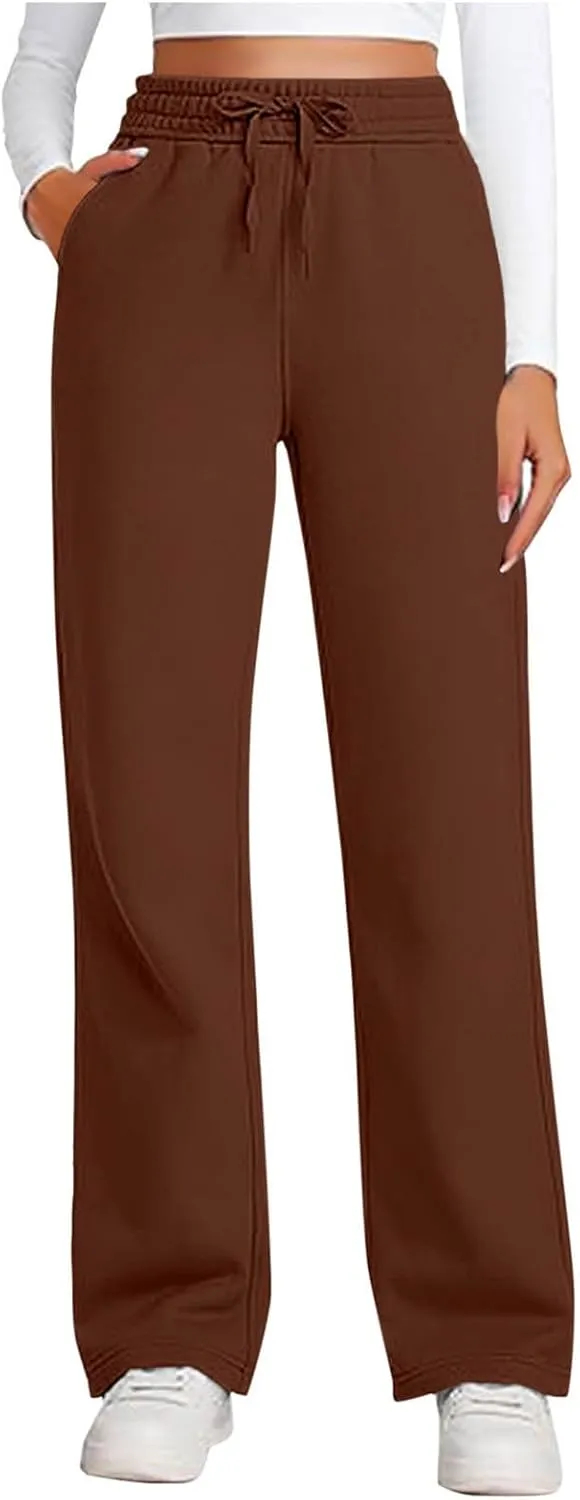 Womens Sweatpants Wide Leg Solid Color Casual Athletic Drawstring Baggy Jogger Straight Leg Trendy Pants with Pocket