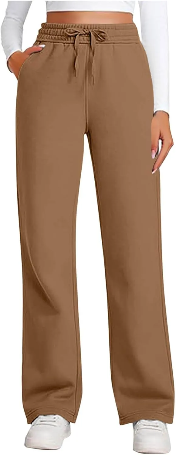 Womens Sweatpants Wide Leg Solid Color Casual Athletic Drawstring Baggy Jogger Straight Leg Trendy Pants with Pocket