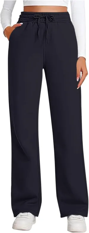 Womens Sweatpants Wide Leg Solid Color Casual Athletic Drawstring Baggy Jogger Straight Leg Trendy Pants with Pocket