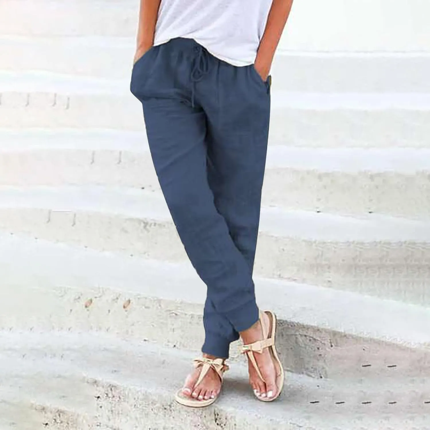 Womens Tapered Pants Cotton Linen Drawstring Elastic Waist Pants Casual Trousers with Pockets Joggers Travel Slacks