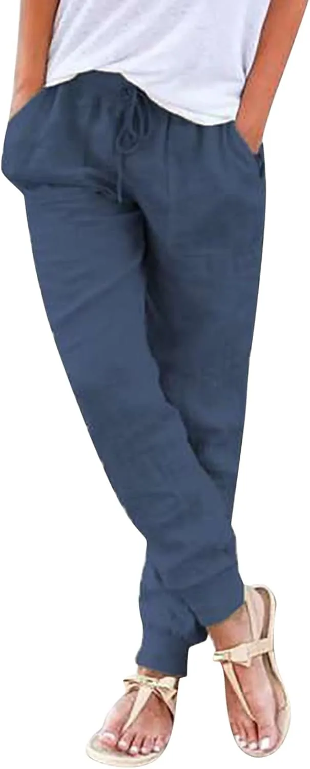 Womens Tapered Pants Cotton Linen Drawstring Elastic Waist Pants Casual Trousers with Pockets Joggers Travel Slacks