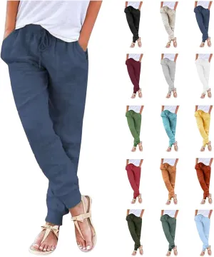 Womens Tapered Pants Cotton Linen Drawstring Elastic Waist Pants Casual Trousers with Pockets Joggers Travel Slacks