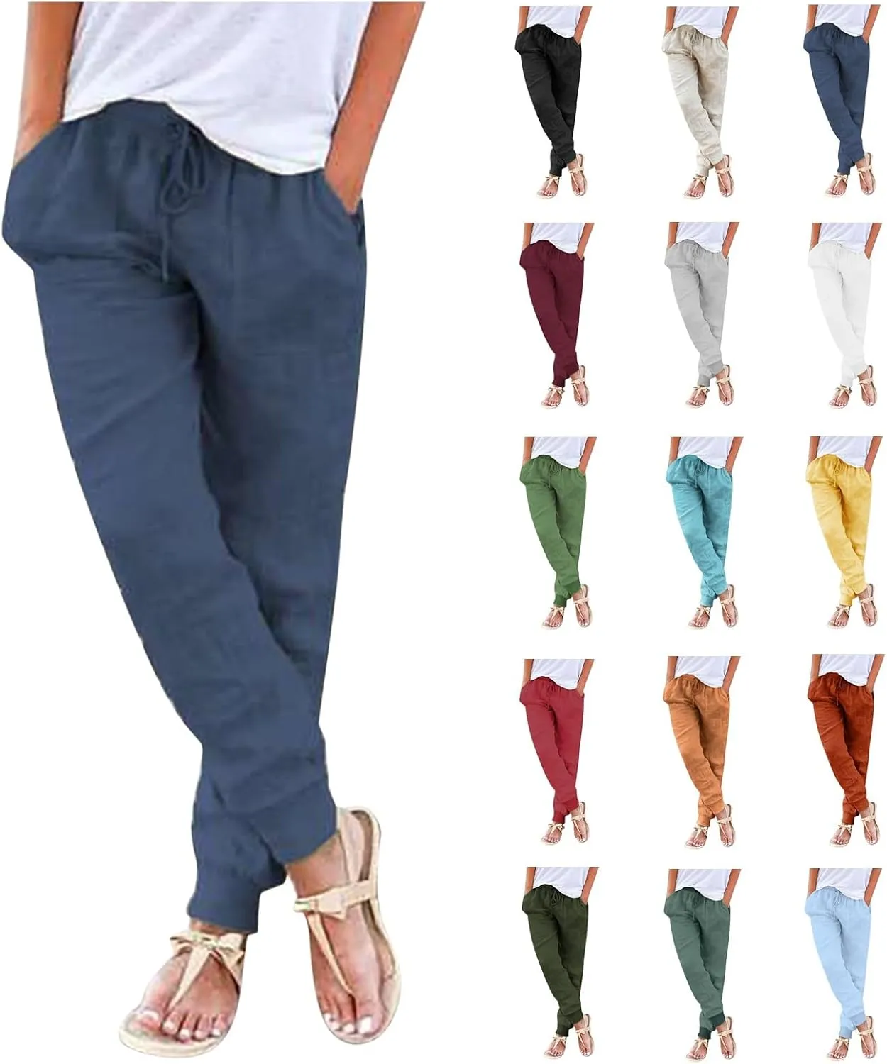 Womens Tapered Pants Cotton Linen Drawstring Elastic Waist Pants Casual Trousers with Pockets Joggers Travel Slacks