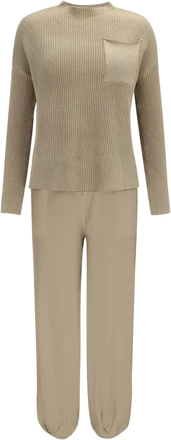 Women's Trendy Sweatsuits Chest Pocket Knit Long Sleeve Pullover Sweater and Jogger Pants Sets Casual Two Piece Lounge Outfit
