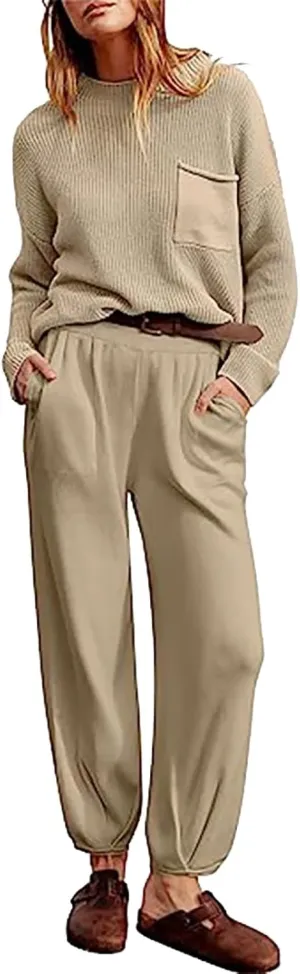 Women's Trendy Sweatsuits Chest Pocket Knit Long Sleeve Pullover Sweater and Jogger Pants Sets Casual Two Piece Lounge Outfit