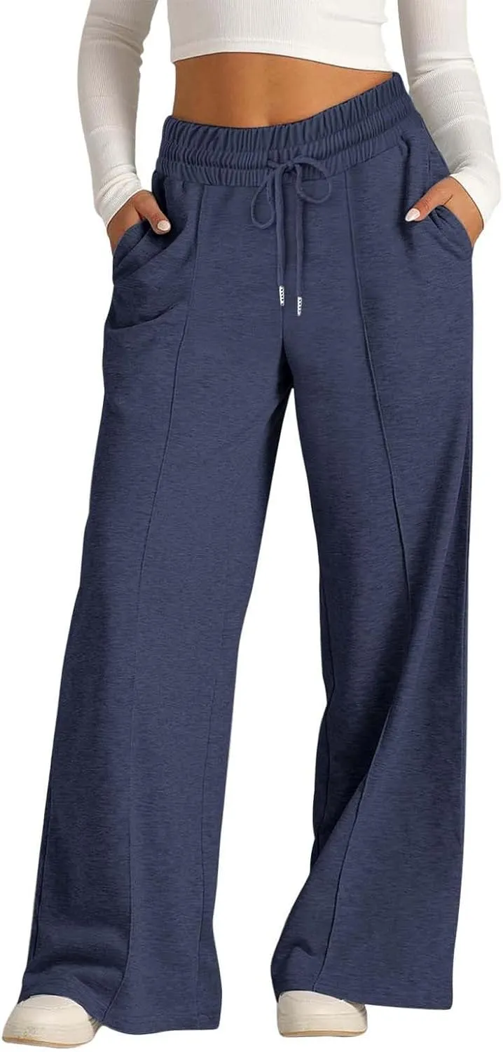 Womens Wide Leg Sweatpant High Waist Cotton Baggy Casual Drawstring Yoga Lounge Pants with Pockets