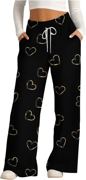 Women's Wide Leg Sweatpants 2024 Fall Casual High Waisted Pants Print Trendy Trousers for Women Drawstring Joggers