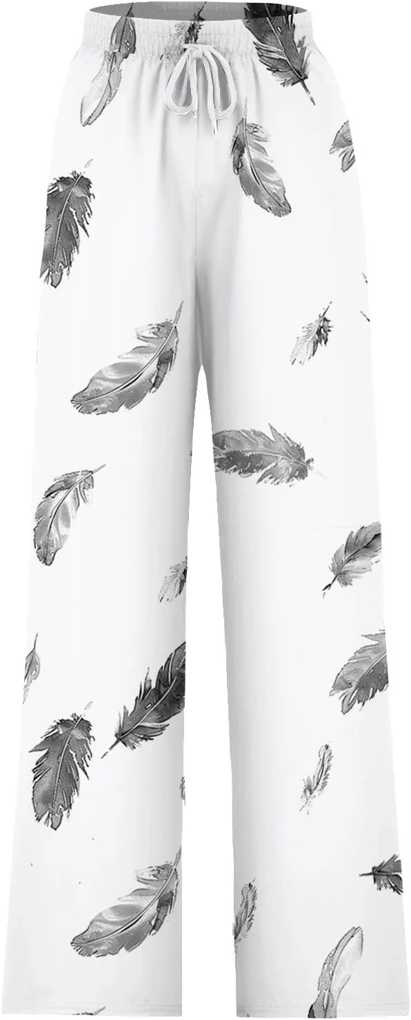Women's Wide Leg Sweatpants 2024 Fall Casual High Waisted Pants Print Trendy Trousers for Women Drawstring Joggers