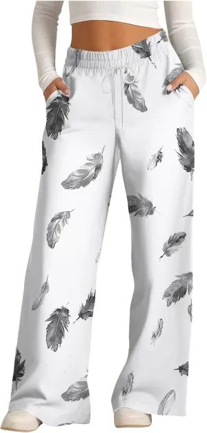 Women's Wide Leg Sweatpants 2024 Fall Casual High Waisted Pants Print Trendy Trousers for Women Drawstring Joggers