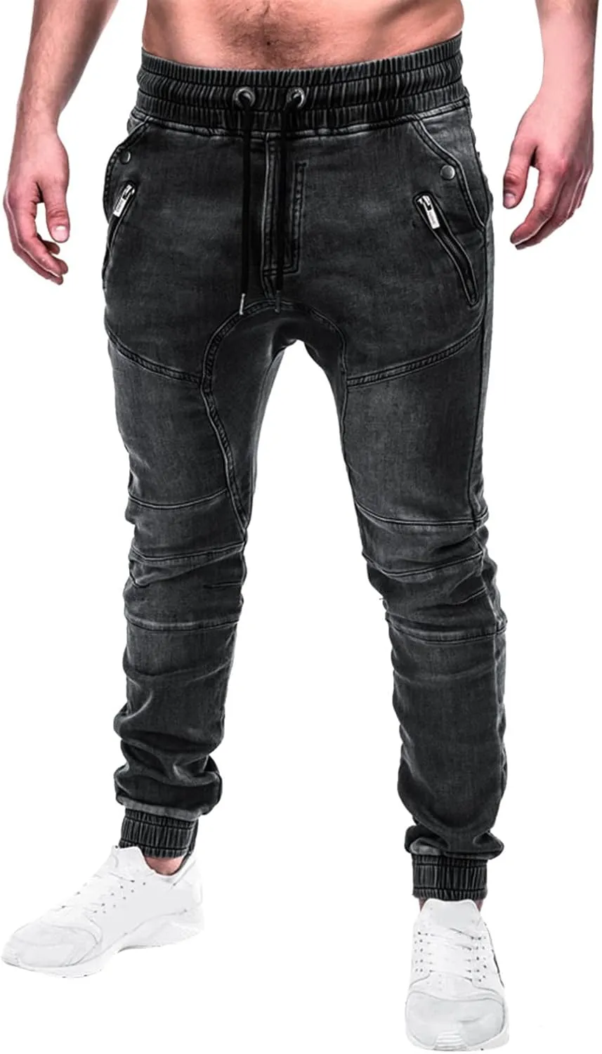 Work Long Trousers Jeans Pants Pocket Drawstring Waist Solid Color Slim Toe Jeans Taper Jean Men's Straight Fit