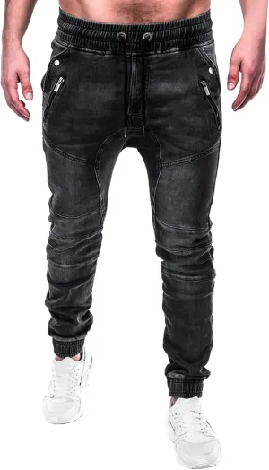 Work Long Trousers Jeans Pants Pocket Drawstring Waist Solid Color Slim Toe Jeans Taper Jean Men's Straight Fit