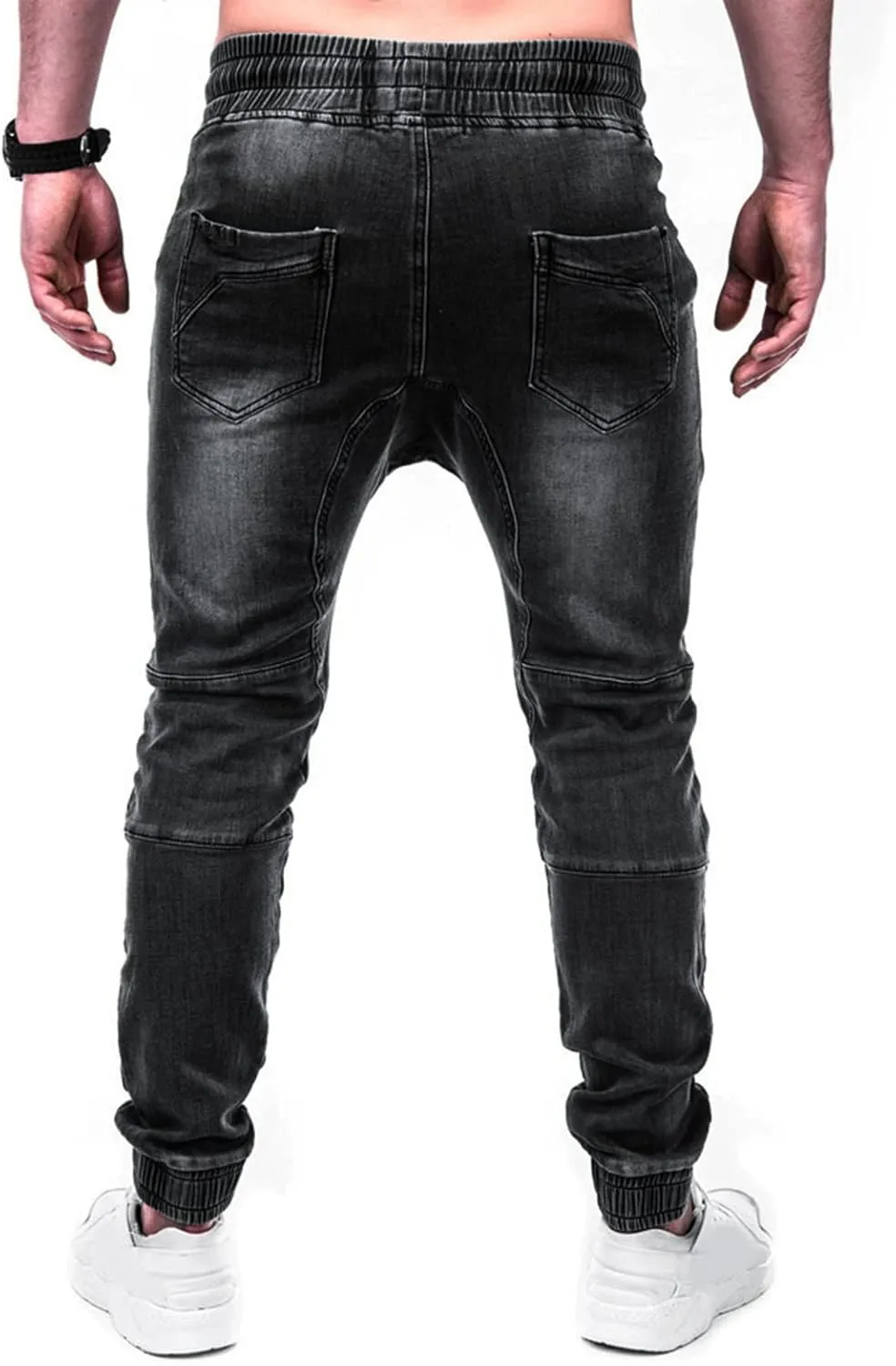 Work Long Trousers Jeans Pants Pocket Drawstring Waist Solid Color Slim Toe Jeans Taper Jean Men's Straight Fit