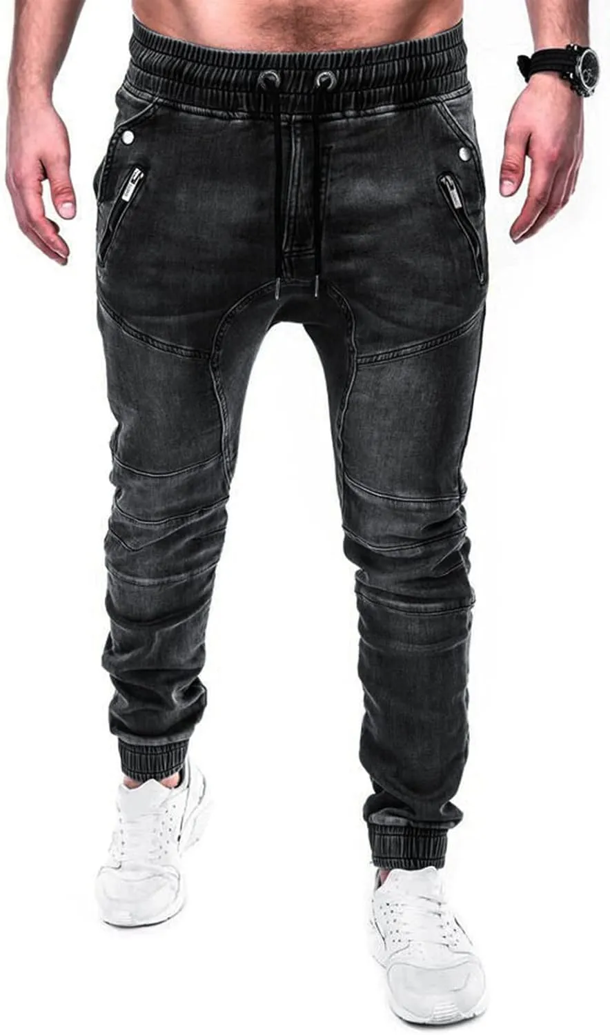 Work Long Trousers Jeans Pants Pocket Drawstring Waist Solid Color Slim Toe Jeans Taper Jean Men's Straight Fit
