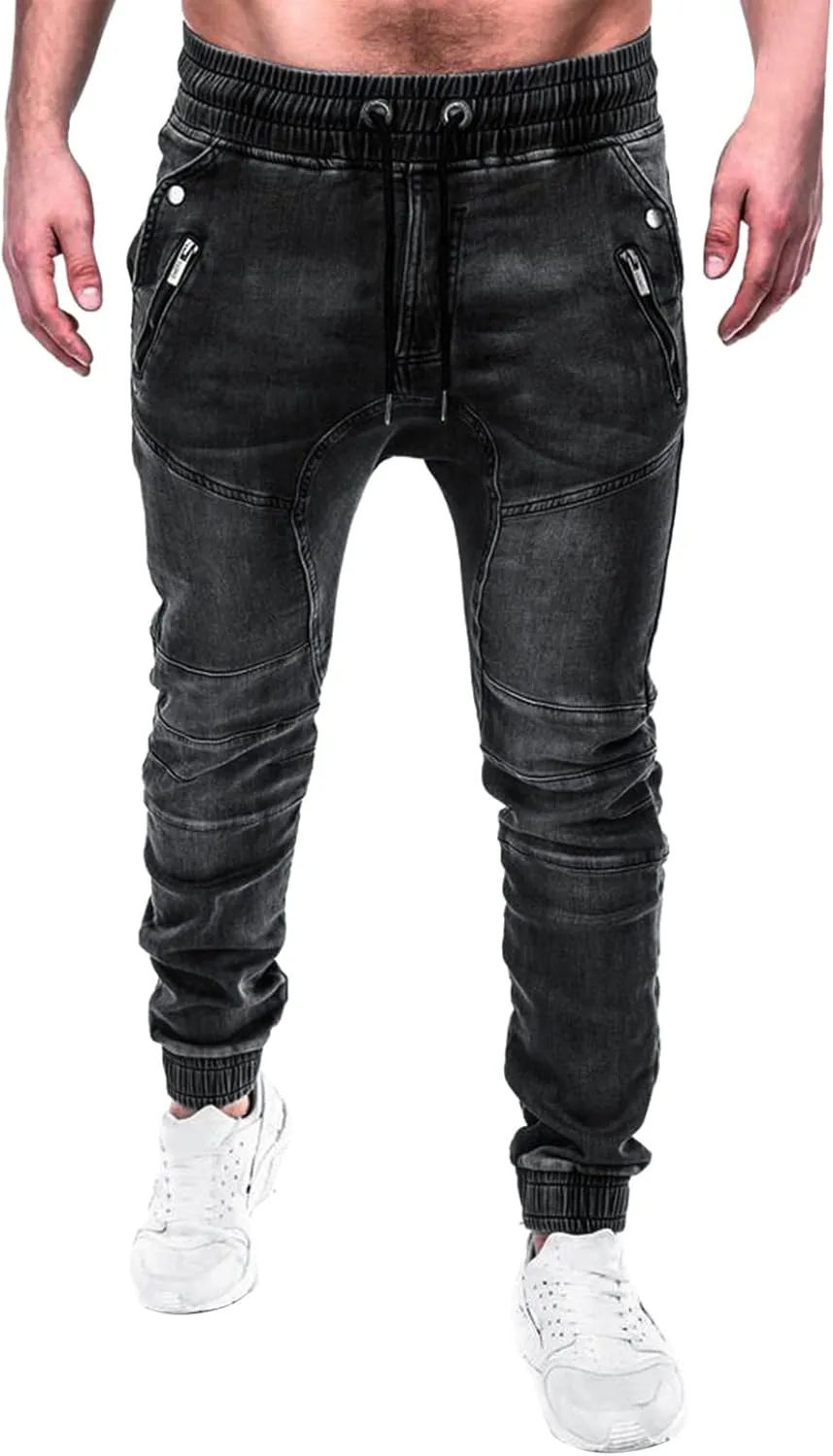 Work Long Trousers Jeans Pants Pocket Drawstring Waist Solid Color Slim Toe Jeans Taper Jean Men's Straight Fit