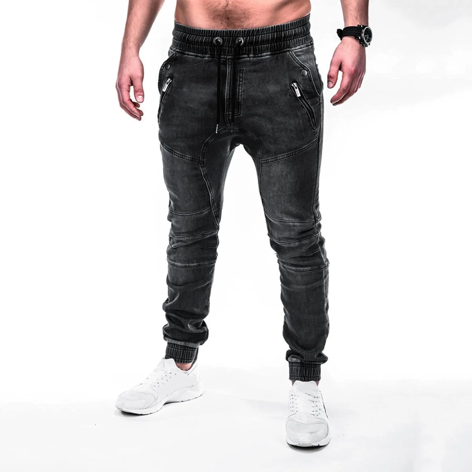 Work Long Trousers Jeans Pants Pocket Drawstring Waist Solid Color Slim Toe Jeans Taper Jean Men's Straight Fit