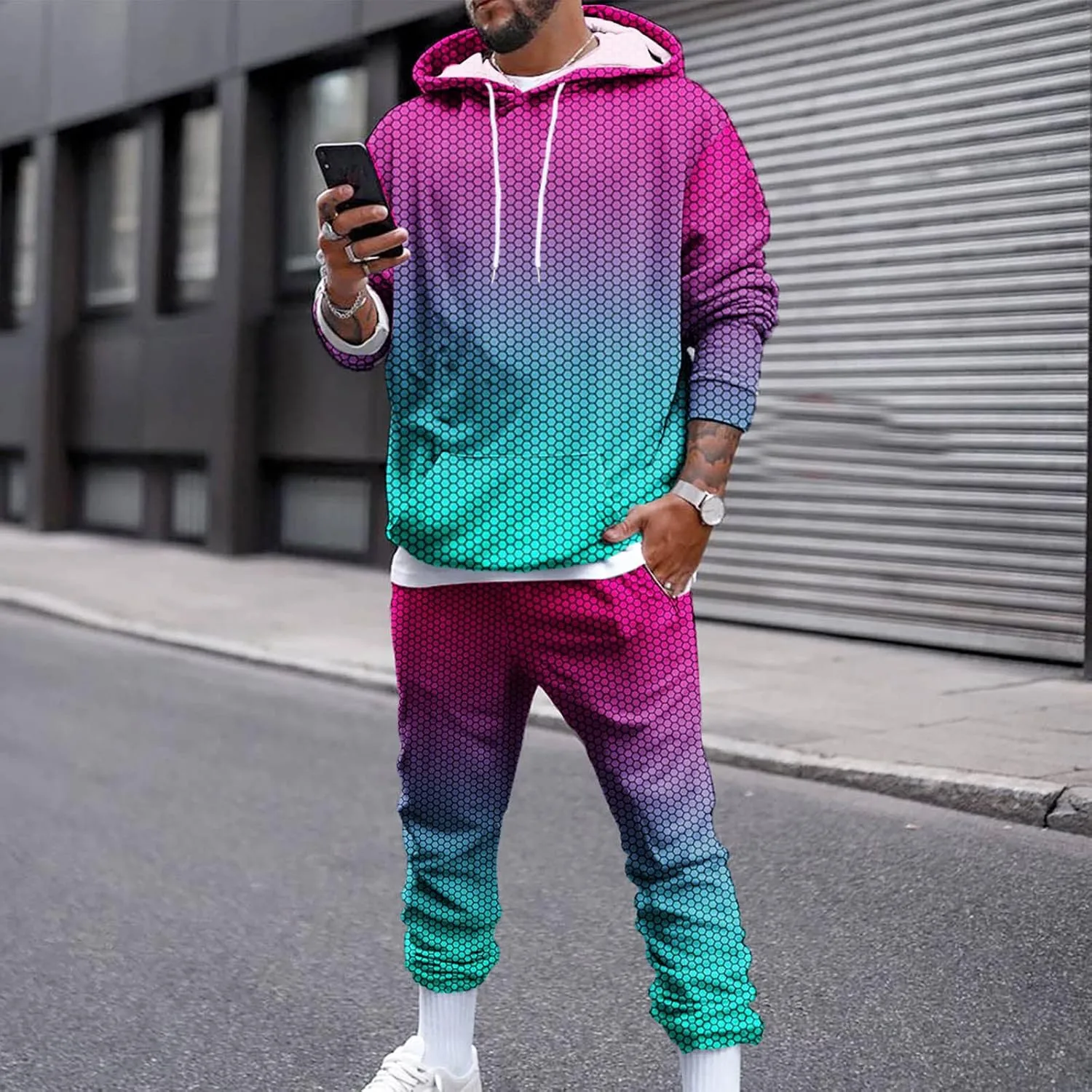 Workout Sets for Men Running Sports Hooded Sweatsuit Casual Long Sleeve Pullover Drawstring Pant 2 Piece Outfits