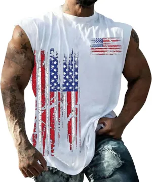 Workout Tank Tops Men American Flag Print Patriotic Crew Neck Sleeveless Shirts Summer Athletic Loose Fit Undershirt