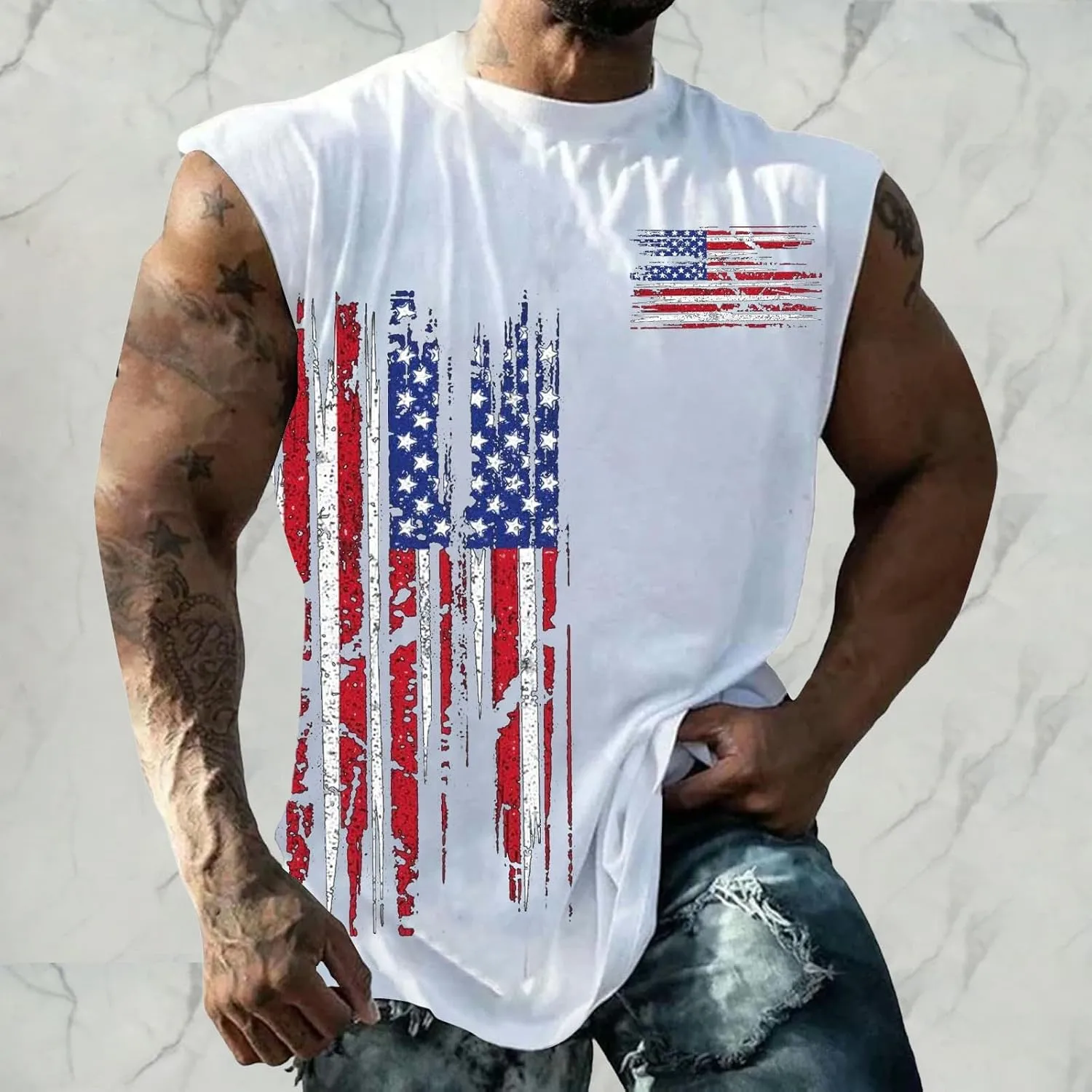 Workout Tank Tops Men American Flag Print Patriotic Crew Neck Sleeveless Shirts Summer Athletic Loose Fit Undershirt
