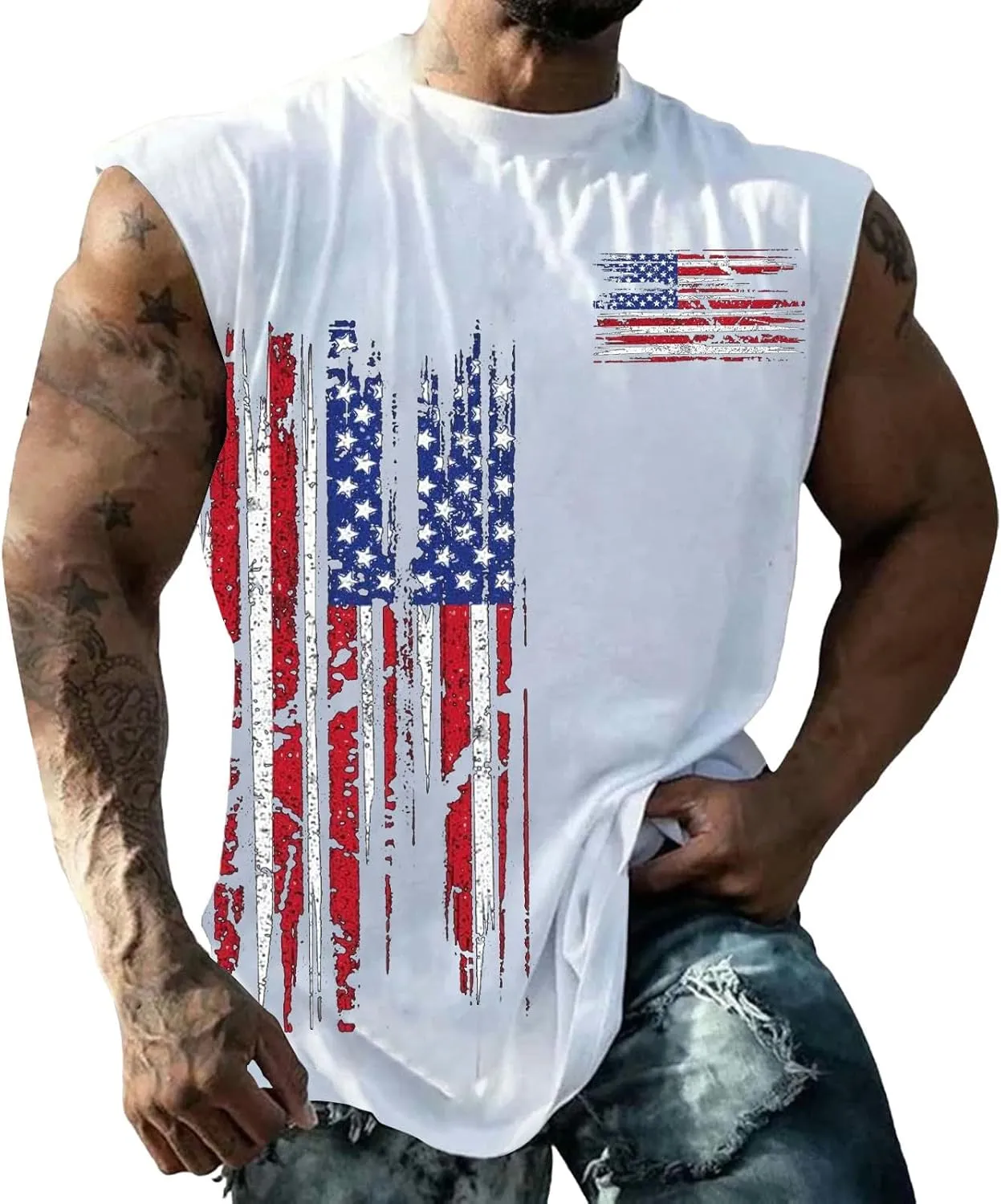 Workout Tank Tops Men American Flag Print Patriotic Crew Neck Sleeveless Shirts Summer Athletic Loose Fit Undershirt