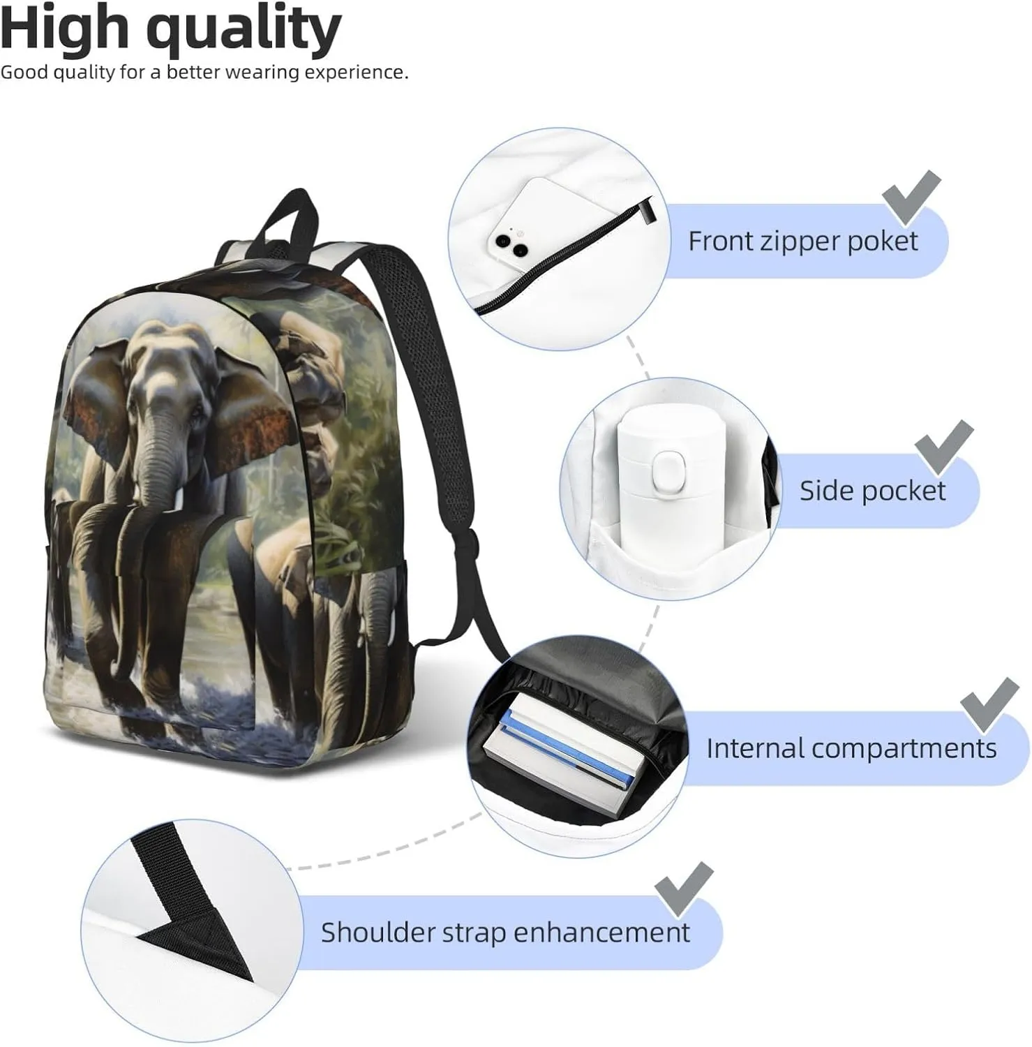WURTON Asian Elephants Print Large Backpack Casual Laptop Backpack Computer Bag Travel Daypack For Women Men