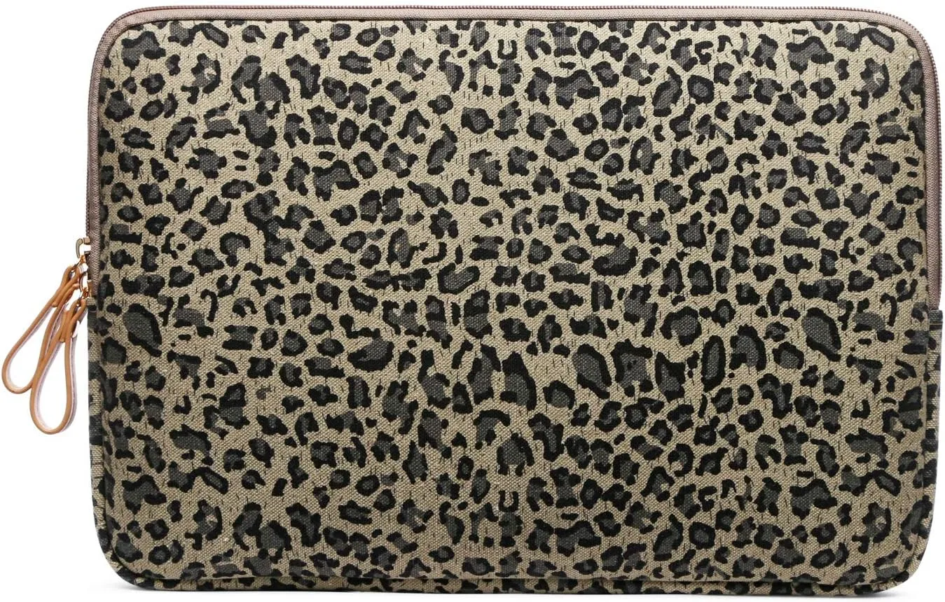 XSKN Yellow Leopard Spot Canvas Fabric Zipper Laptop Sleeve Case Cover for All 13 14 15 inch Computers, Laptop Bag for MacBook Air / Pro / Retina Laptops / Notebook (14 inch, for 14.1 inch Laptop)