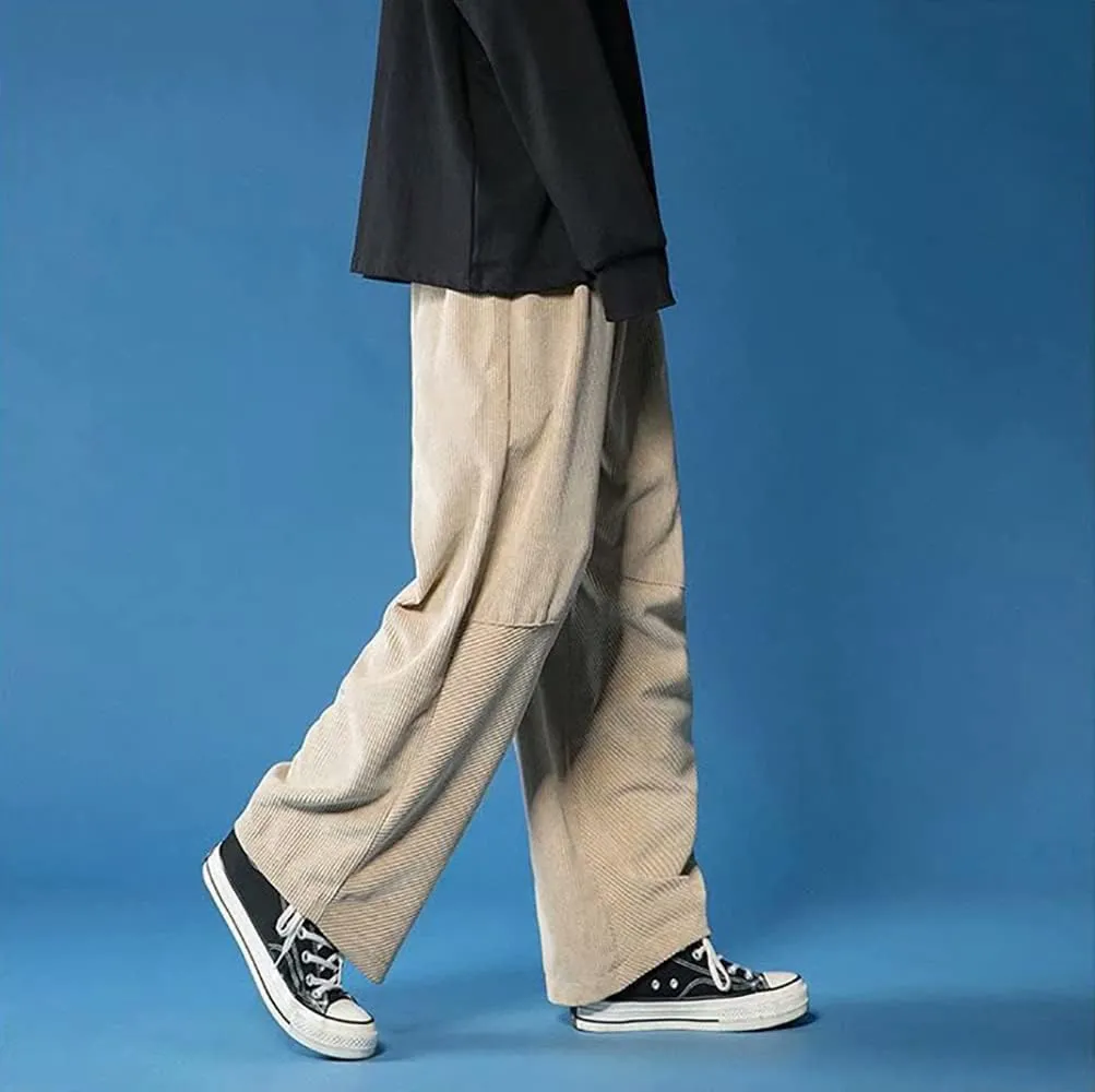 yoeasy Men Loose Elastic Waist Corduroy Pants Casual Drawstring Outdoor Wide Leg Pants