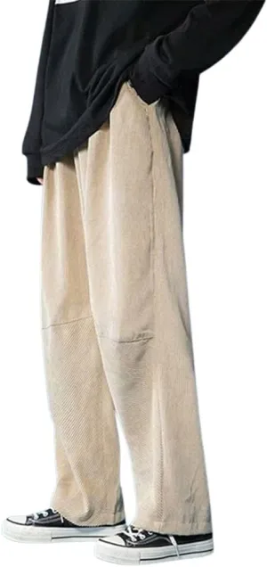 yoeasy Men Loose Elastic Waist Corduroy Pants Casual Drawstring Outdoor Wide Leg Pants