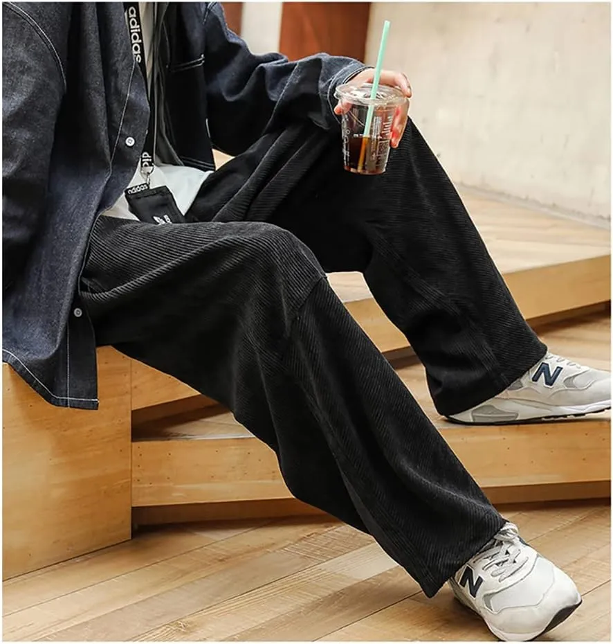 yoeasy Men Loose Elastic Waist Corduroy Pants Casual Drawstring Outdoor Wide Leg Pants