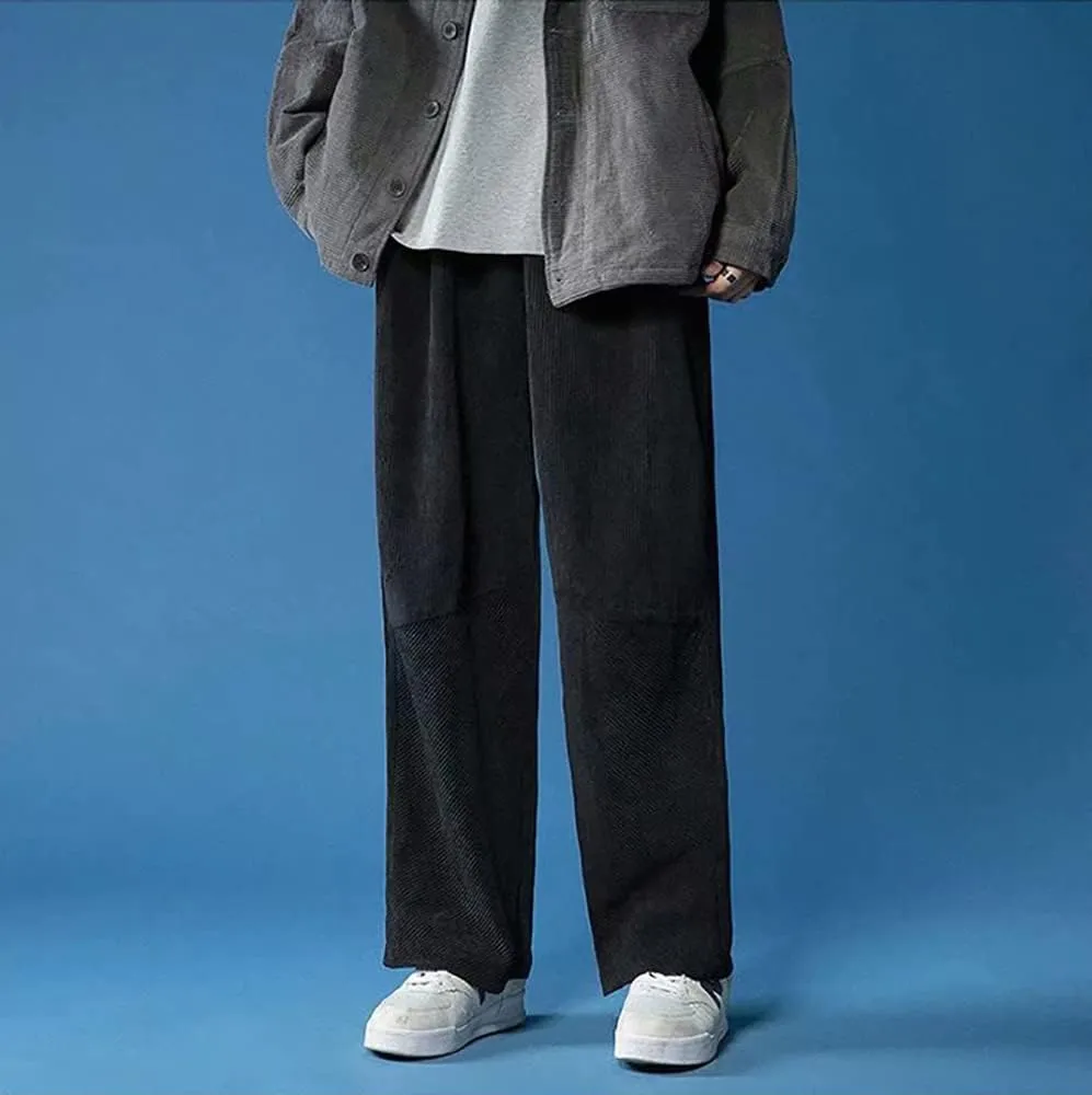 yoeasy Men Loose Elastic Waist Corduroy Pants Casual Drawstring Outdoor Wide Leg Pants
