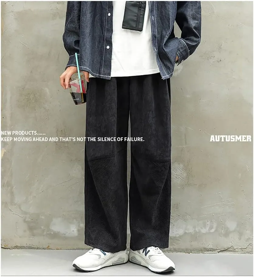 yoeasy Men Loose Elastic Waist Corduroy Pants Casual Drawstring Outdoor Wide Leg Pants