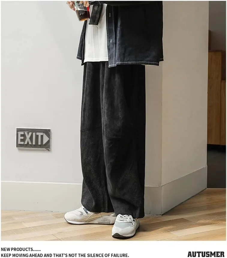 yoeasy Men Loose Elastic Waist Corduroy Pants Casual Drawstring Outdoor Wide Leg Pants