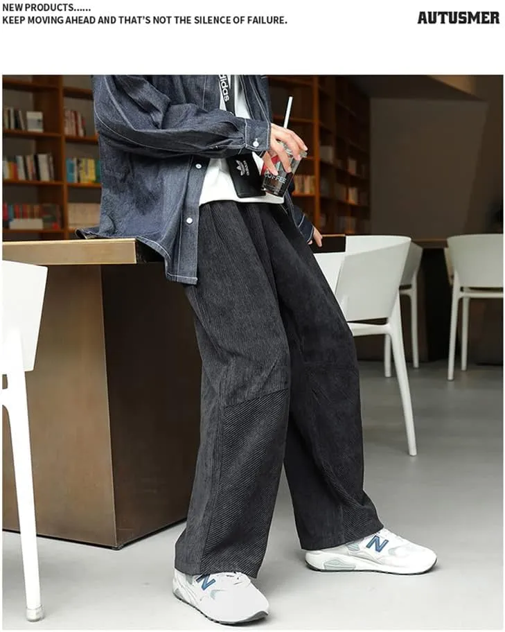 yoeasy Men Loose Elastic Waist Corduroy Pants Casual Drawstring Outdoor Wide Leg Pants