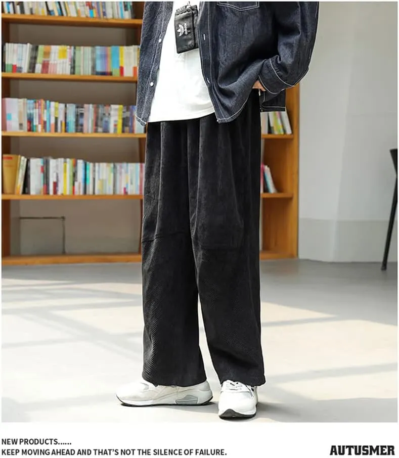 yoeasy Men Loose Elastic Waist Corduroy Pants Casual Drawstring Outdoor Wide Leg Pants