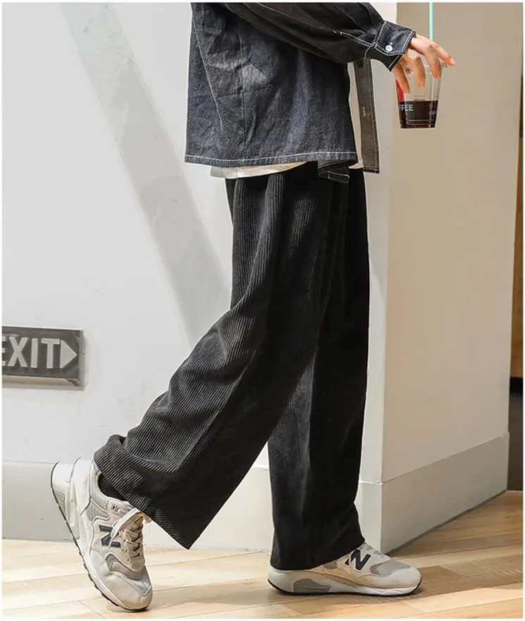 yoeasy Men Loose Elastic Waist Corduroy Pants Casual Drawstring Outdoor Wide Leg Pants